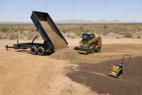 Dump trailer tipping clean tan fill onto the low corner of a graded pad near Buckeye while a skid-steer spreads it