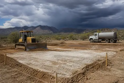 Small dozer shaving a homesite pad level near Buckeye with white caliche exposed in the cut and grade stakes set