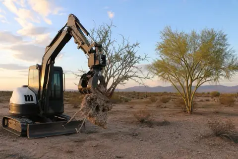 Mini-excavator lifting a multi-trunk mesquite with its root ball from sandy desert soil while a palo verde stands untouched nearby