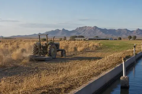 Tractor and heavy mower knocking down chest-high dried weeds on an old flood-irrigated Buckeye Valley pasture with a concrete ditch along the edge