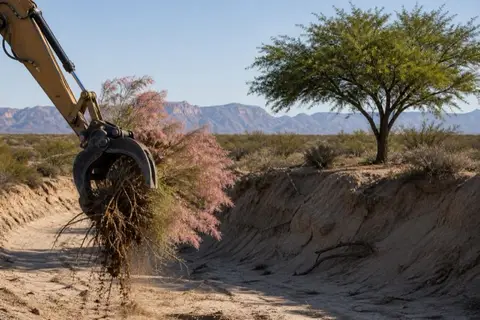 Excavator grapple pulling a feathery salt cedar clump from the sandy bed of a dry wash while native mesquite stands on the bank