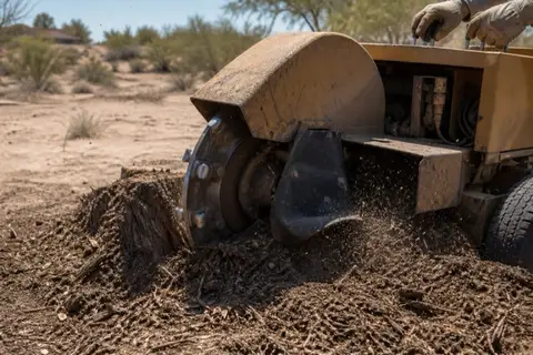 Grinding wheel buried in a broad mesquite stump on sandy Buckeye ground with dark chips scattered around the cut